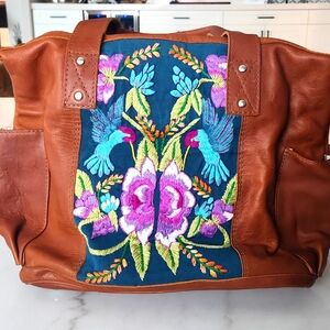 Nena & Co. Brown Leather Bag with Colorful Embroidery